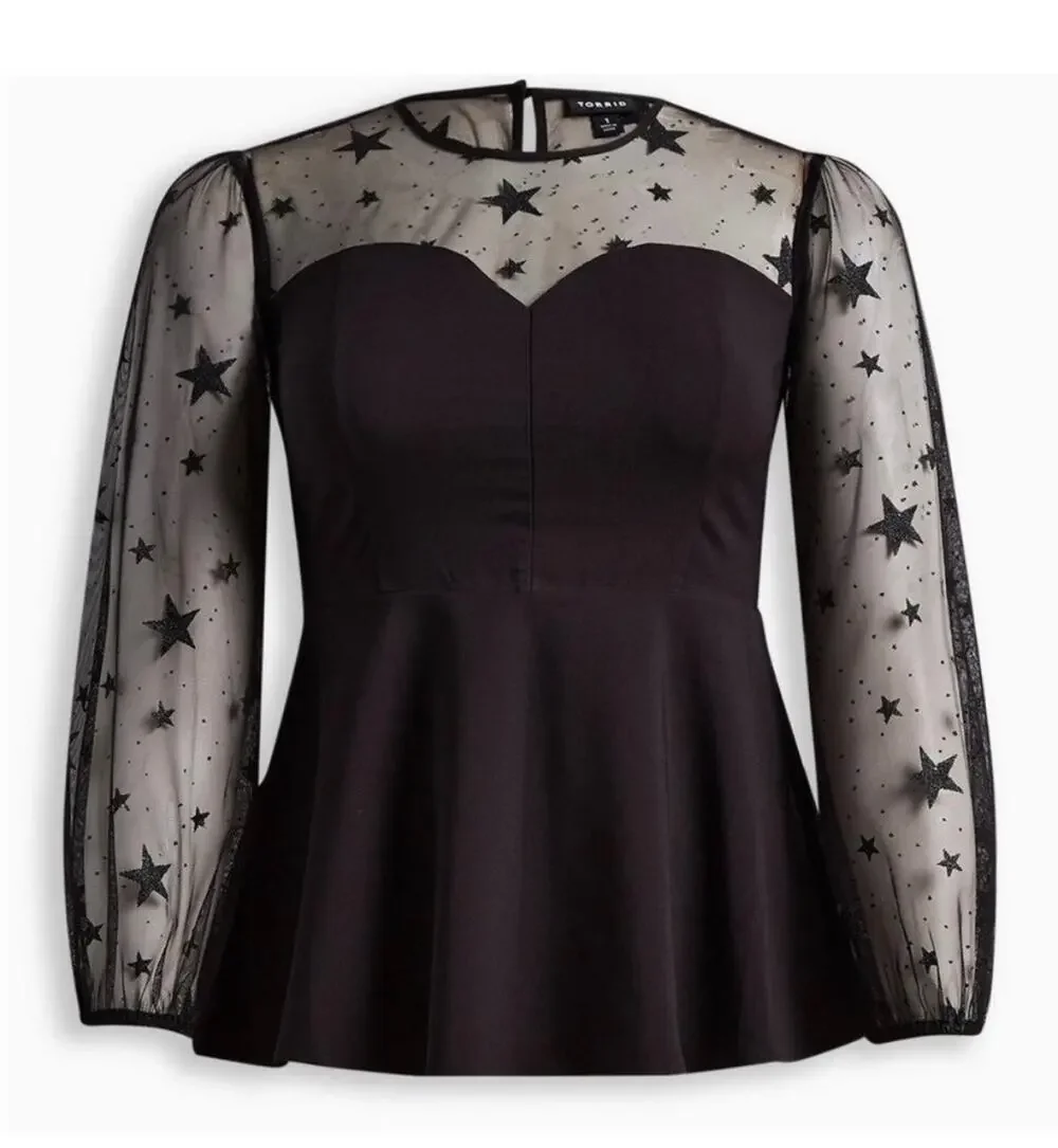 Torrid Black Peplum Blouse Top 2X Mesh Sleeves & Neck Sparkly Stars Whimsygoth - Picture 1 of 11